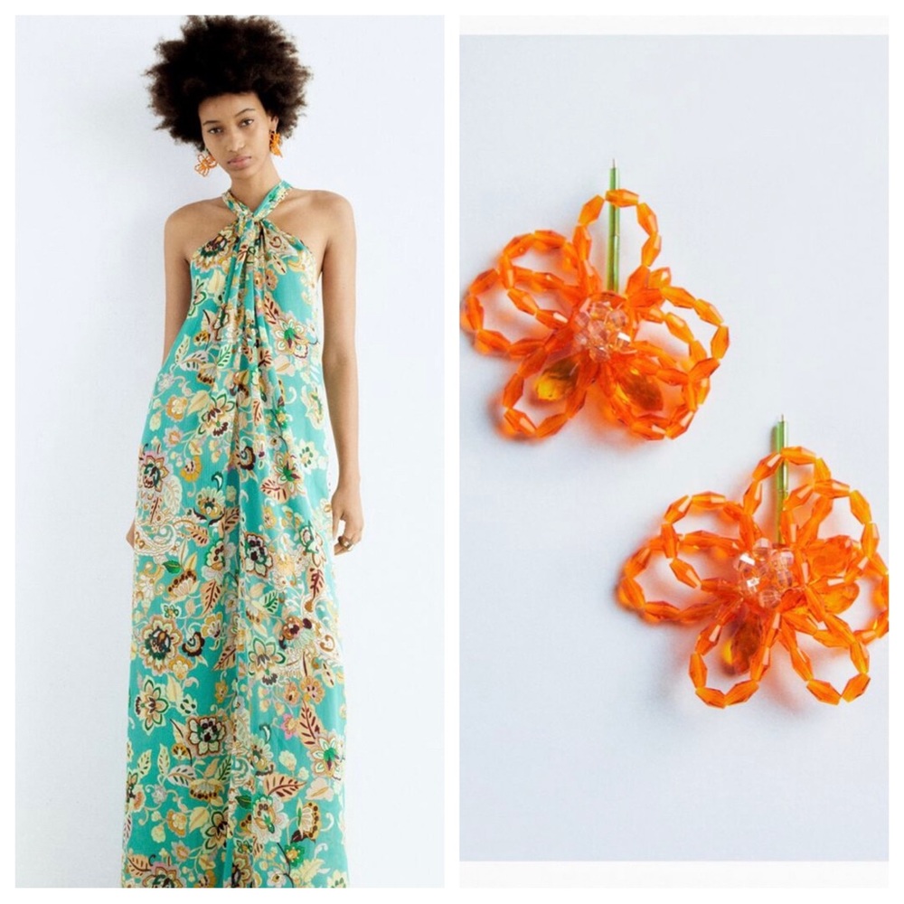 Zara LONG FLORAL PRINT DRESS in size small and floral earrings